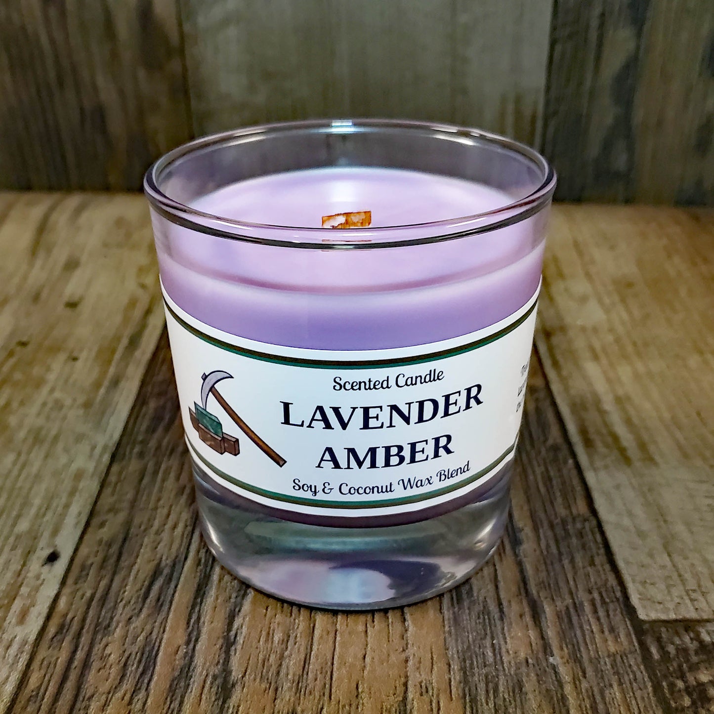 soy coconut wax candle with wooden wick scented as lavender amber