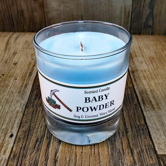 soy coconut wax candle with wooden wick scented as baby powder