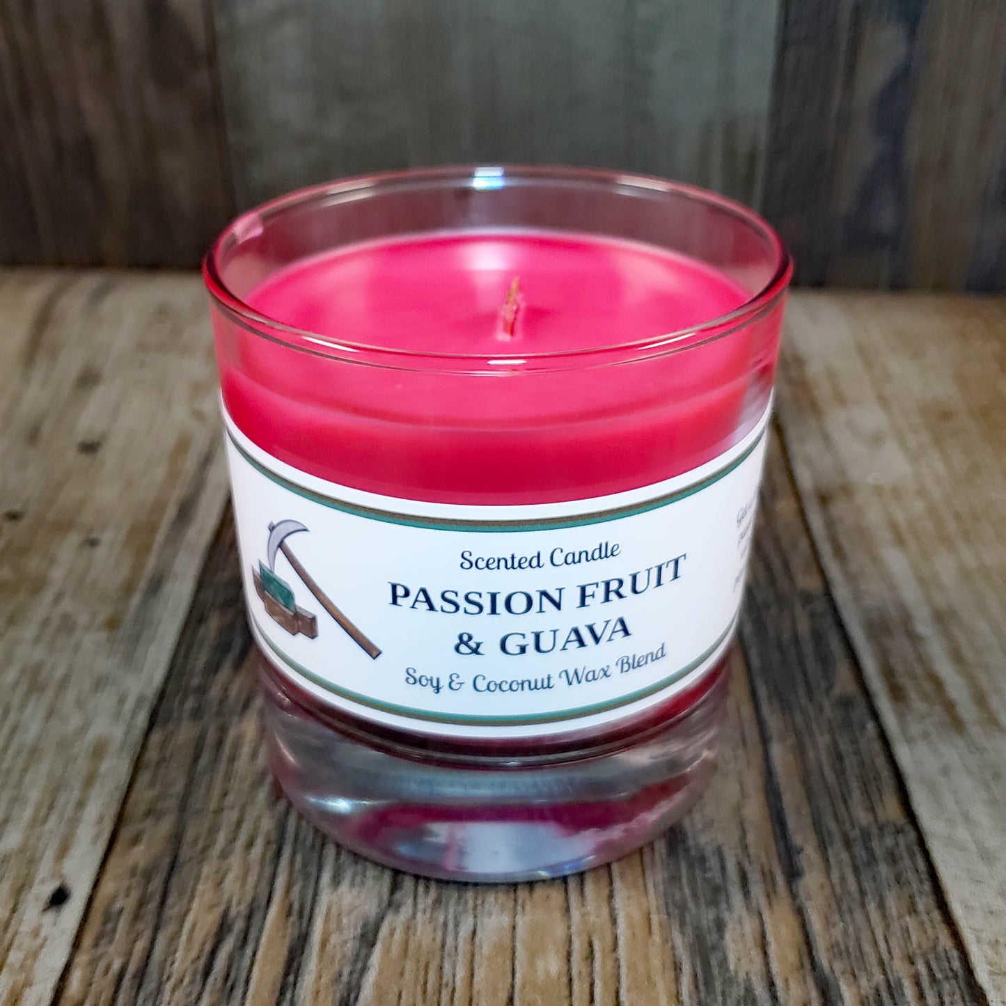 soy coconut wax candle with wooden wick scented as passion fruit guava