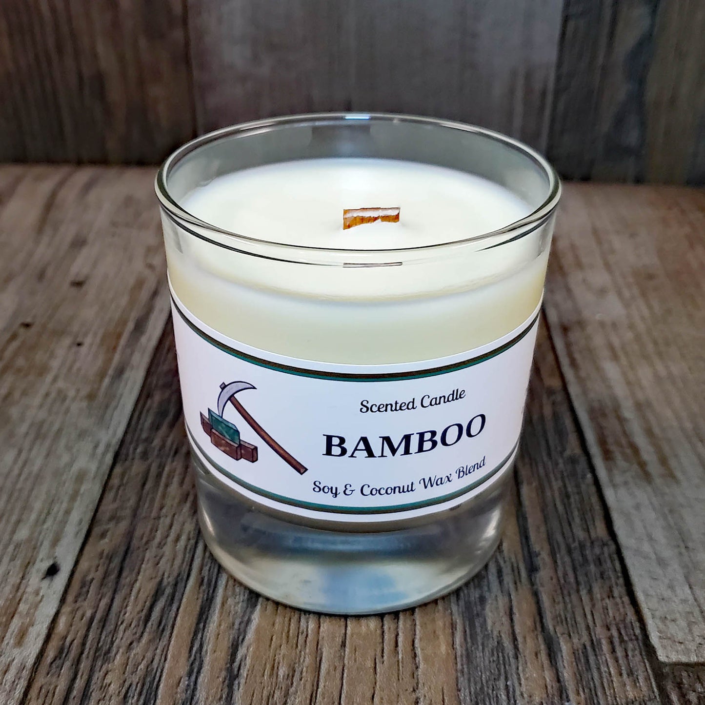 soy coconut wax candle with wooden wick scented as bamboo