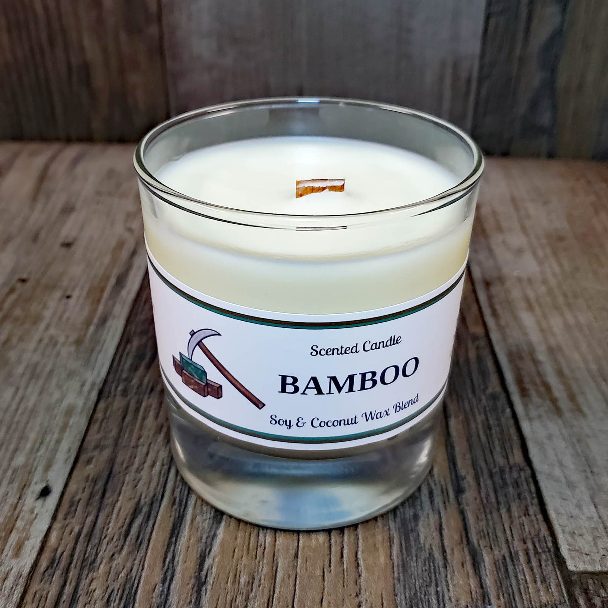 soy coconut wax candle with wooden wick scented as bamboo